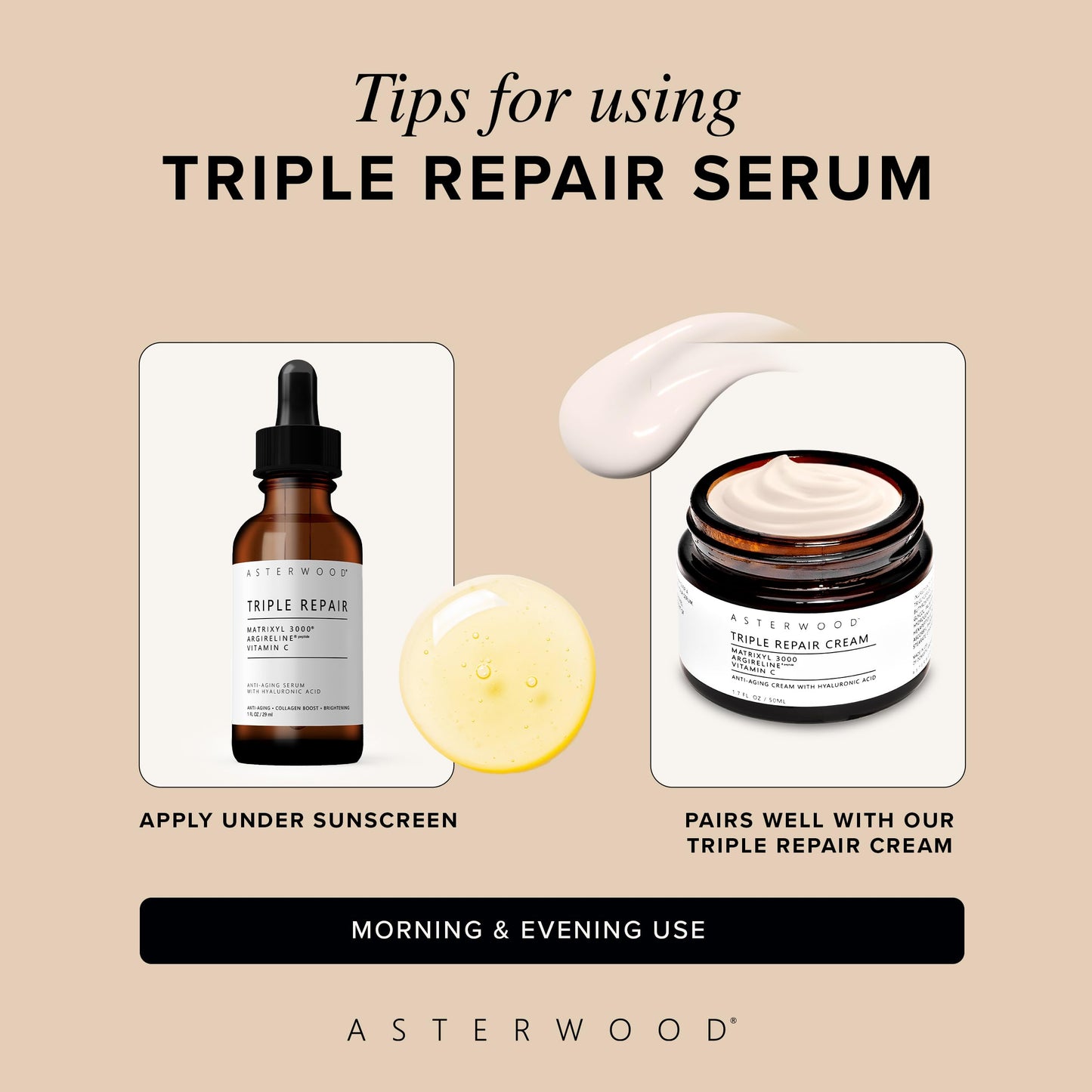 Asterwood Triple Repair Matrixyl 3000 + Argireline + Hyaluronic Acid + Vitamin C Serum for Face - Anti-Aging, Collagen Boosting, Hydrating - Fragrance-Free - 2 Fl Oz