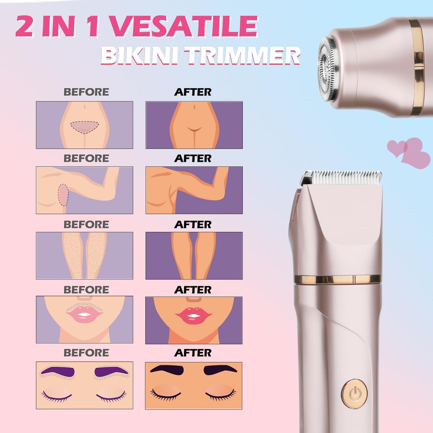 Bikini Trimer for Women,2 in 1 Electric Razor Shaver Facial Hair Women-IPX7 Waterproof Wet/Dry,USB Recharge Dock with Snap-in Ceramic Blades for Face Body Leg Bikini Underarm Arm
