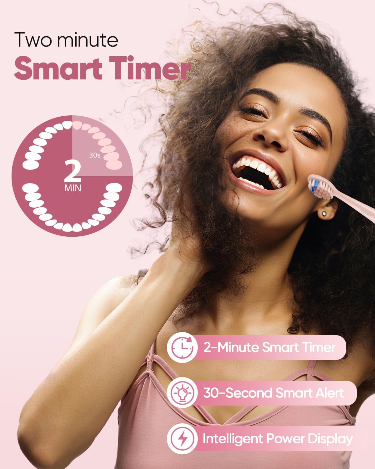 MySmile Electric Toothbrush for Adults - Rechargeable Sonic Battery with 3 Brush Heads & Smart Timer | 45000VPM, Pink