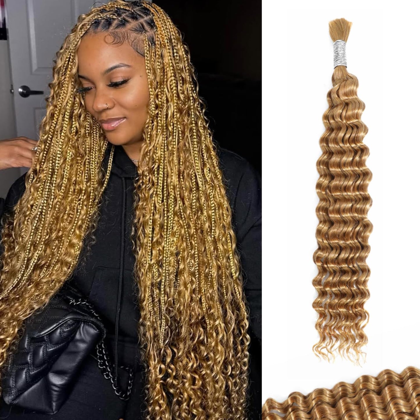 Enaiiby Color 27 Bundles Human Hair 50g 26 Inch, Blond Braiding Hair Loose Deep Wave Bundles Human Hair for Braiding Curly Hair Bulk, 12A No Weft 100% Real Virgin Hair Honey Blonde Boho Hair