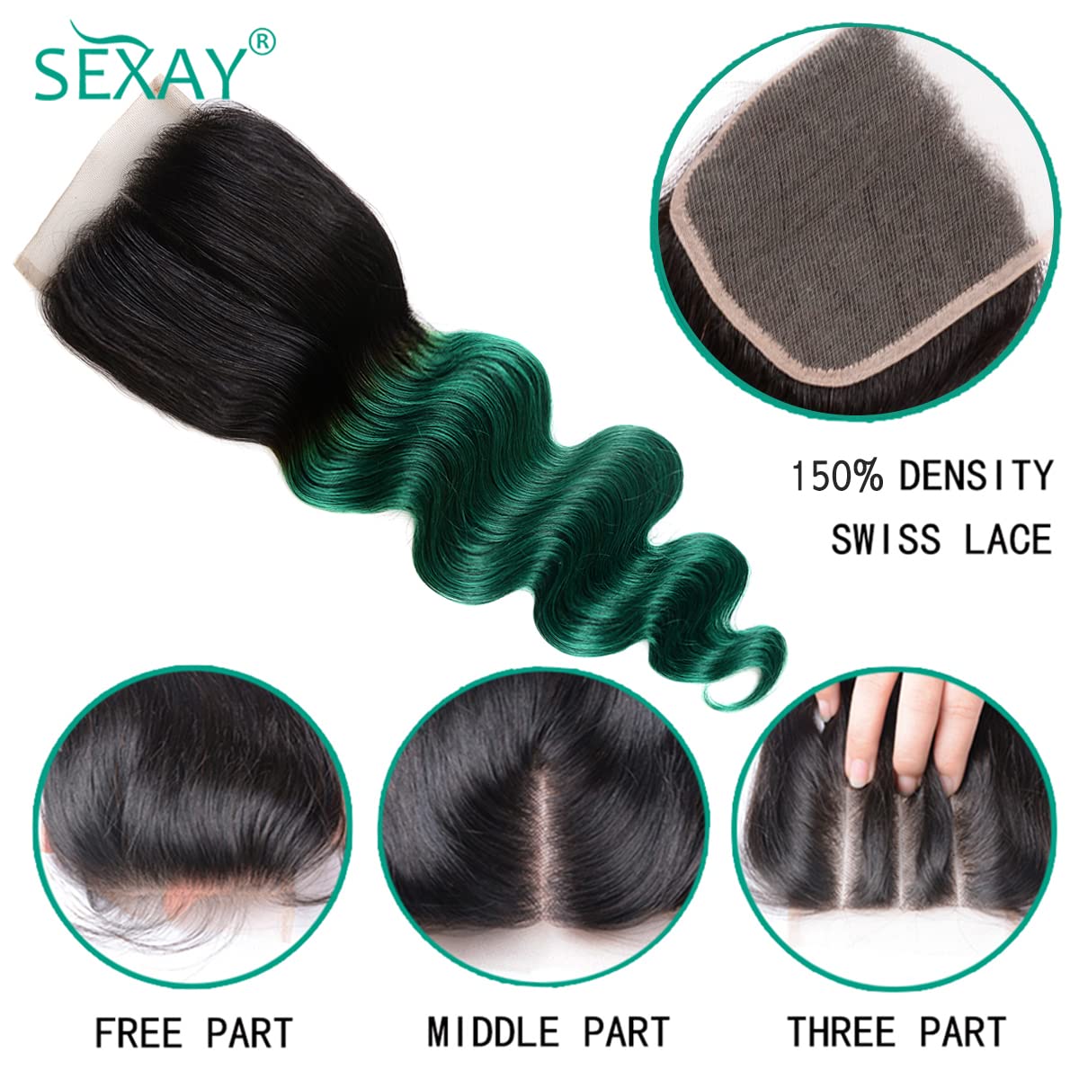Green Ombre 4x4 Lace Closure - 100% Human Hair Brazilian Body Wave | 16 Inch Virgin Hair