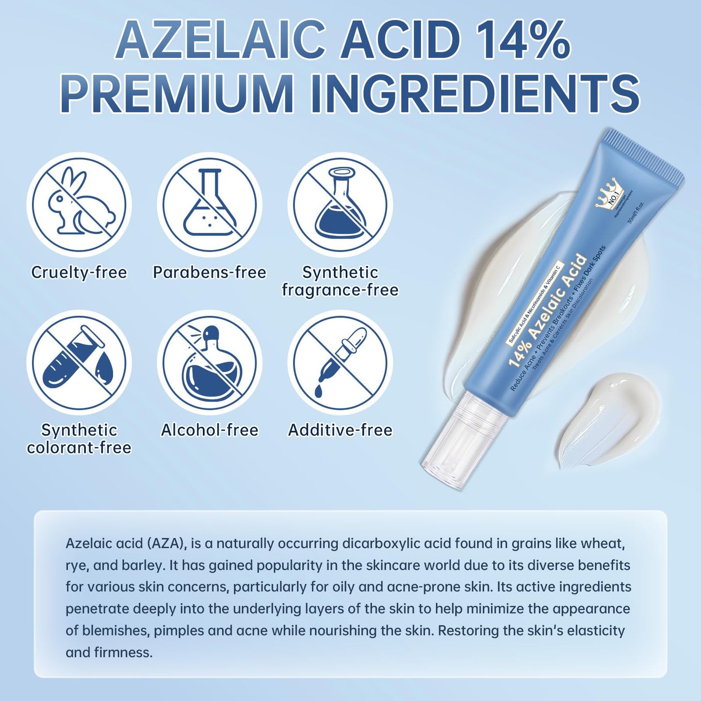 Azelaic Acid 14% Acne Cream for Redness Relief, Dark Spots, Facial Serum with Niacinamide & Vitamin C Prevent Acne Breakouts, Azelaic Acid Serum for Balance Excess Sebum & Soothe Irritation, 2 Oz.