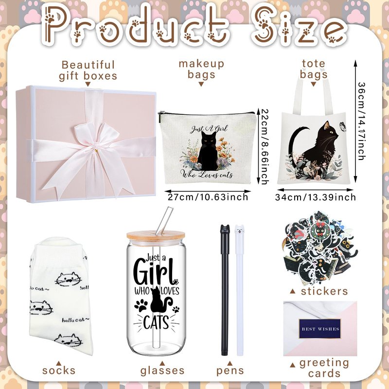 Aliceset 62 Pcs Cat Lover Gifts for Women Sets Include Tote Makeup Bag 18oz Glass Coffee Mugs Socks Pen Keychain Greeting Cards Cat Themed Gifts for Women Friend