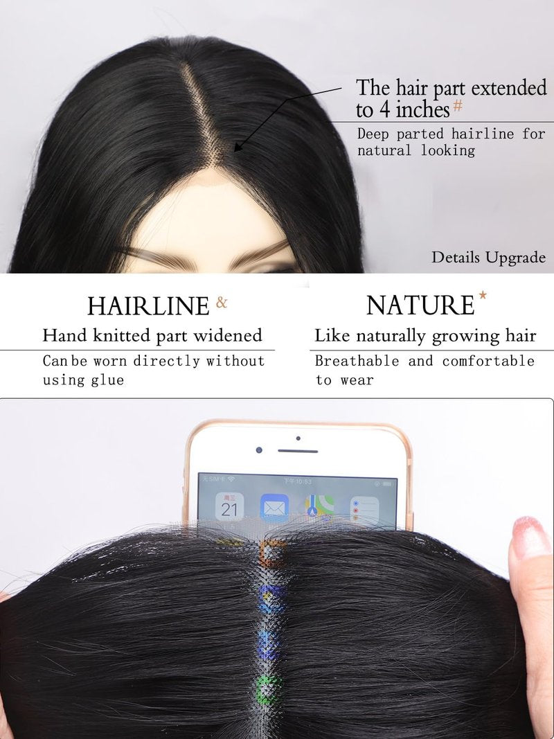 Long Black Wigs for Women - 26 Inch Curly Wavy Synthetic Hair with Lace Hairline | Natural Looking Daily Wear