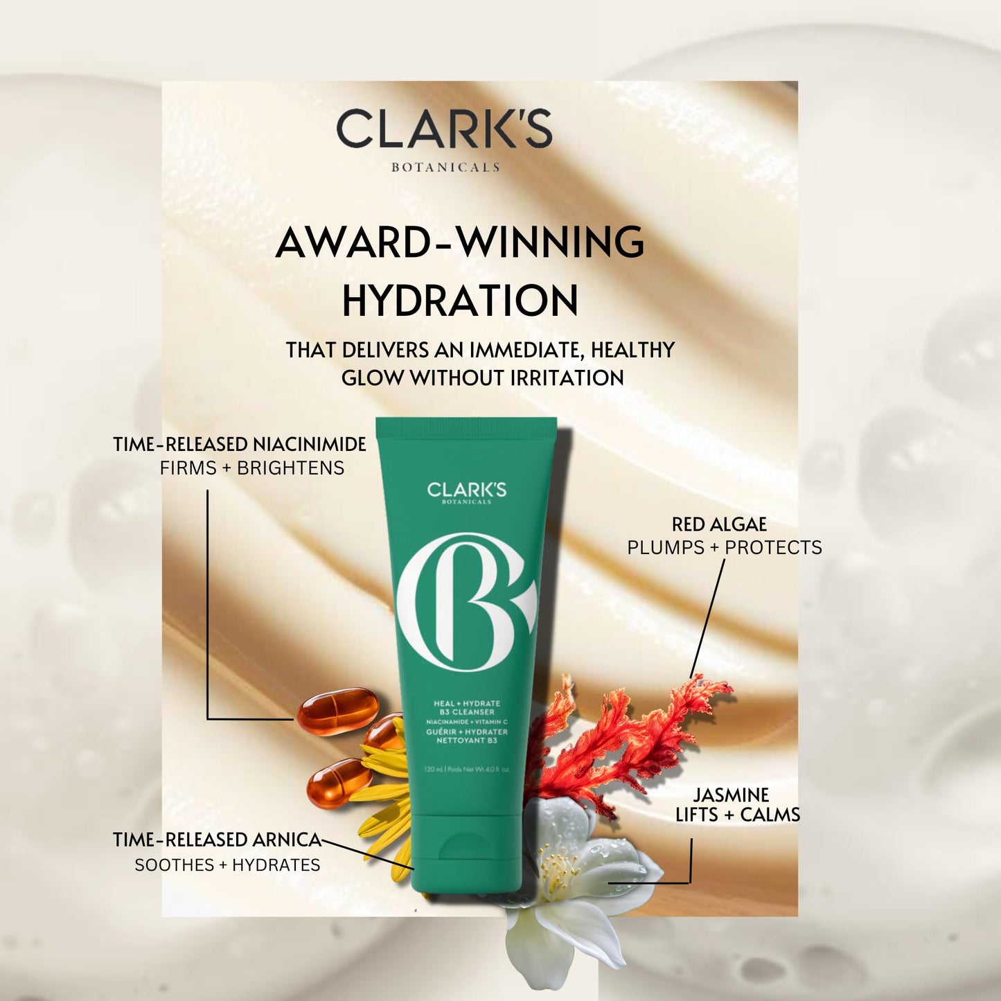 Clark's Botanicals Heal + Hydrate B3 Cleanser, Daily Deep Clean Niacinamide Face Wash with Vitamin C for Clarifying and Minimizing Pores, 4 Oz (Pack of 1)