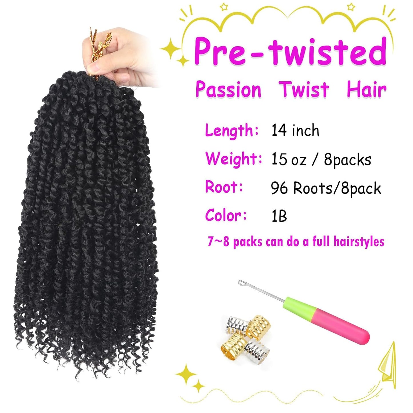 Passion Twist Crochet Hair - 14 Inch Pre-Twisted Synthetic Braids | 8 Packs for Women & Kids - Color 1B
