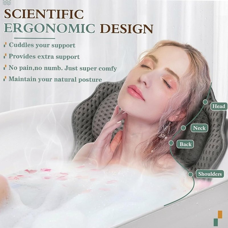 Ergonomic Bath Pillow - Luxury 4D Bathtub Support with 6 Suction Cups | Fits All Bathtubs