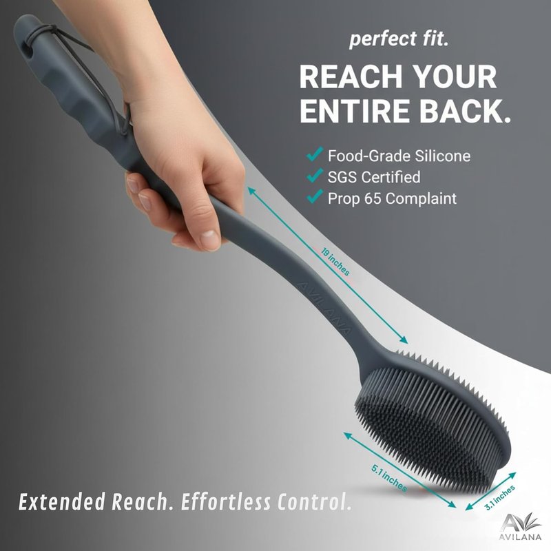 Avilana Premium Back Scrubber - 19-Inch Long Handle Silicone Bath Brush | Dual-Sided Exfoliating Body Washer for Men, Women & Seniors