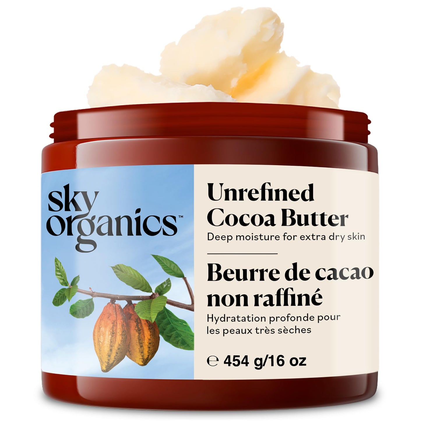 Sky Organics Raw Cocoa Butter for Body (16 oz) 100% Pure & Unrefined Solid Butter - Deeply Hydrates & Conditions Very Dry Skin - Promotes Smooth Tone & Texture - Suitable for Tight or Extra Dry Skin