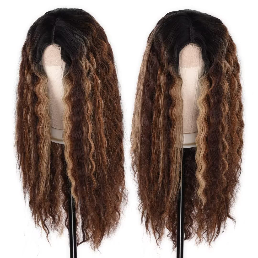 28-Inch Deep Wave Frontal Wig - Honey Blonde Ombre Synthetic Lace Front Wig for Women | Loose Curly Hair