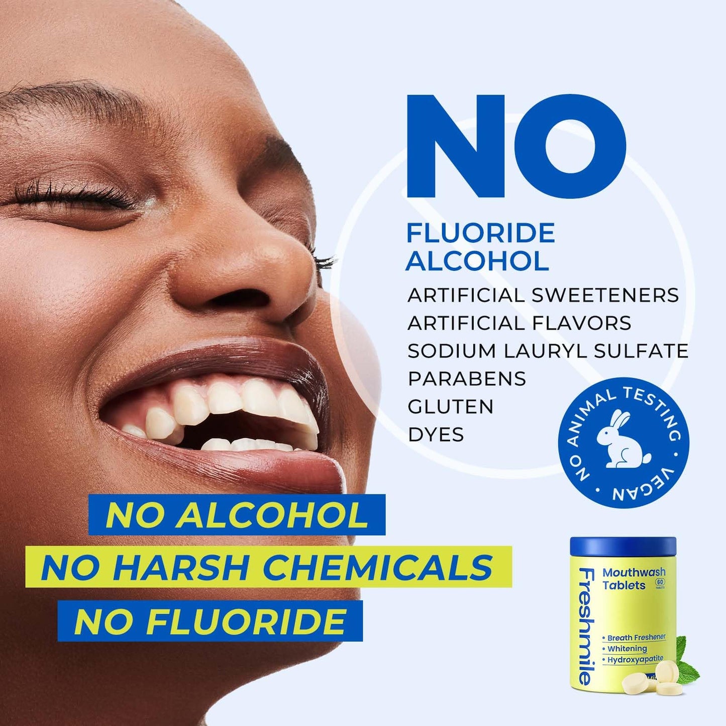Freshmile Travel Mouthwash Tablets for Smokers - Fluoride & Alcohol-Free, Xylitol & Nano-Hydroxyapatite (NHA) for Bad Breath Treatment & Natural Whitening, Mint Flavor (60 Count)