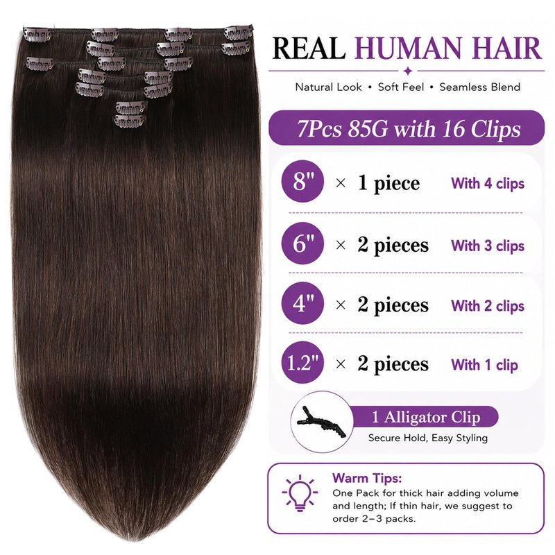 Human Hair Clip in Extensions for Women Clip in Hair Extensions Real Human Hair 7Pcs #4 Medium Brown Easy to Install Silky Straight Human Hair Clip ins 14 Inch 85g