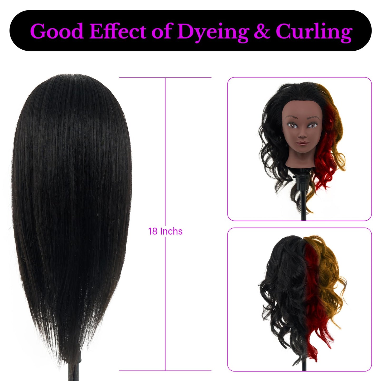 18" Mannequin Head Human Hair with Stand - 100% Real Human Hair Mannequin Head for Braiding, Cosmetology Manikin Doll Head for Hair Styling with Tripod Stand Table Clamp Hair Braiding Set,Black