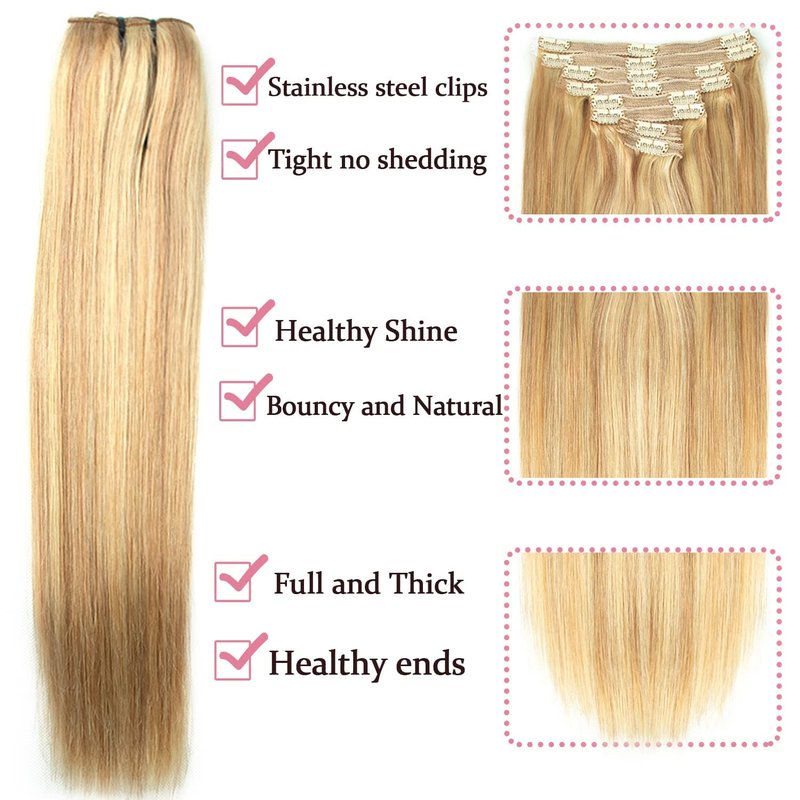 Human Hair Clip-In Extensions - Dark Blonde Highlights, Silky Straight | 14 Inch, 120g, 8pcs Natural Remy Hair