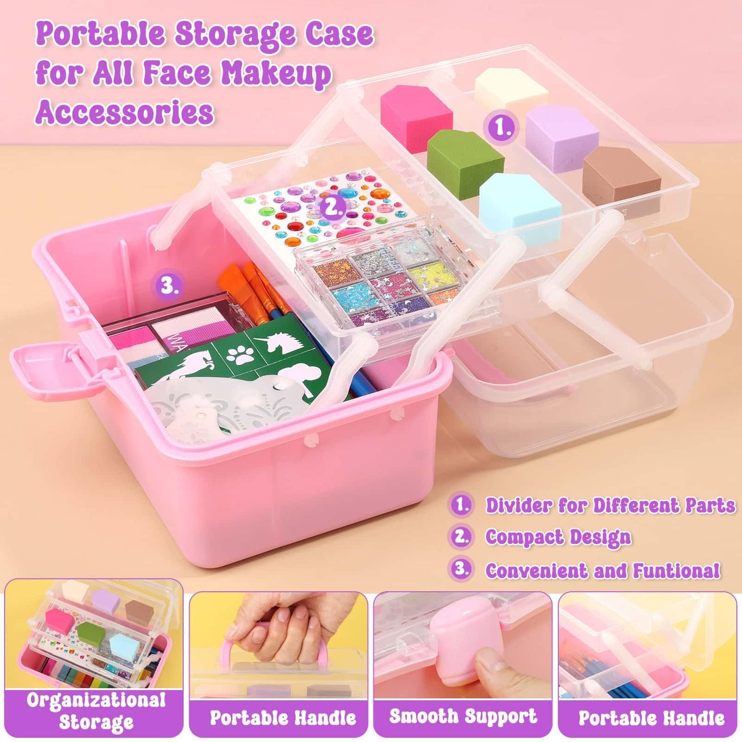 Face Painting Kit with Organizer Box - Rainbow Color Non Toxic & Washable Face Paint Set with Stencils, Brush & Gems Party Makeup for Halloween, Carnival & Costume