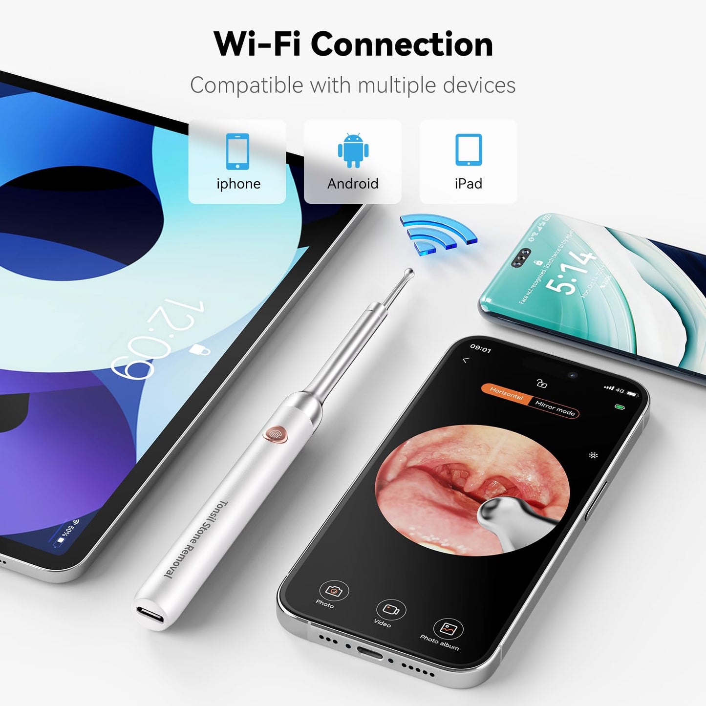 Upgraded Tonsil Stone Remover with Camera, Visual Tonsil Stone Removal Kit with 6 LED Light, Tonsil Stone Removal Tool Camera with 1080P, 5 Head Attachments, for iOS & Android (White)