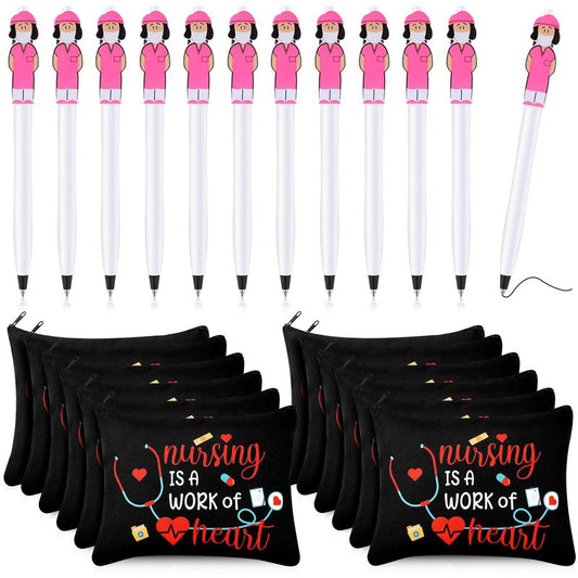 LEIFIDE 24 Pcs Nurse Week Gifts Bulk 2026 Rn Nurses Appreciation Gift for Women Include 12 Canvas Makeup Cosmetic Bag with Zipper and 12 Ballpoint Pen Accessories for Graduation(Adorable Style)
