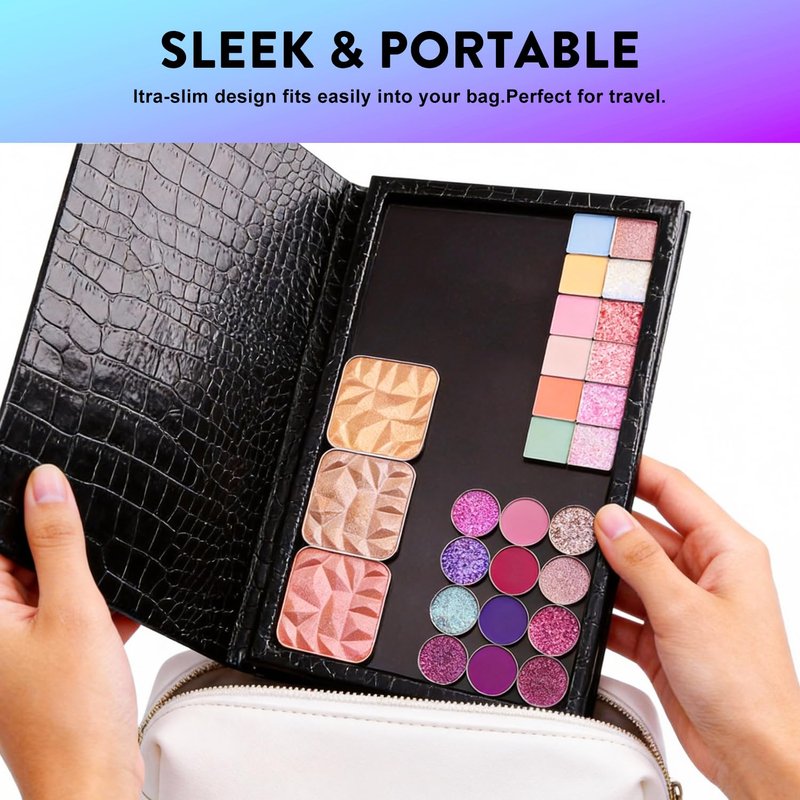 Large Empty Magnetic Makeup Palette with Foldable Stand (Holds 60 Standard Pans) – Professional PU Leather DIY Eyeshadow Organizer Case for Depotting & Travel (Black)