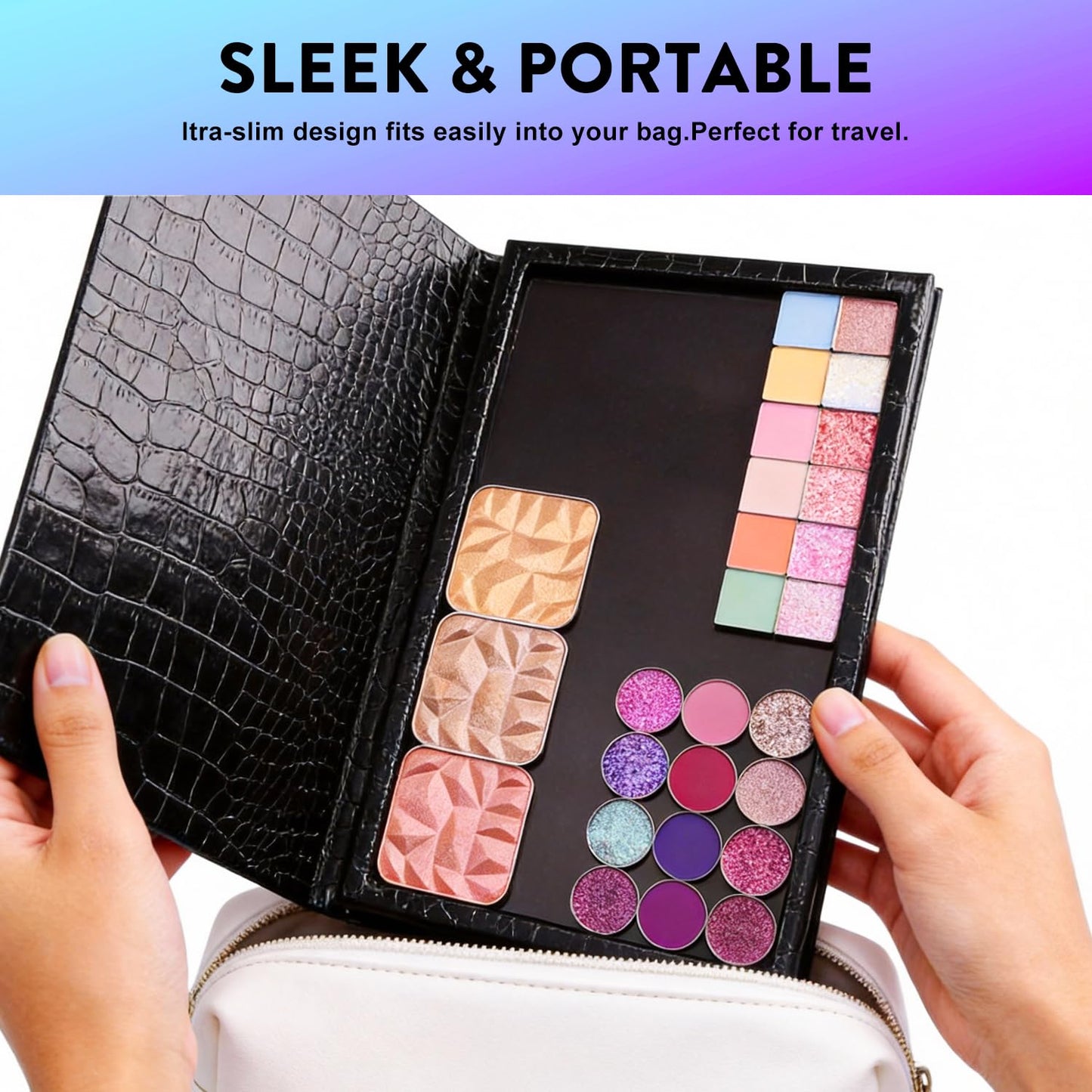 Large Empty Magnetic Makeup Palette with Foldable Stand (Holds 60 Standard Pans) – Professional PU Leather DIY Eyeshadow Organizer Case for Depotting & Travel (Black)