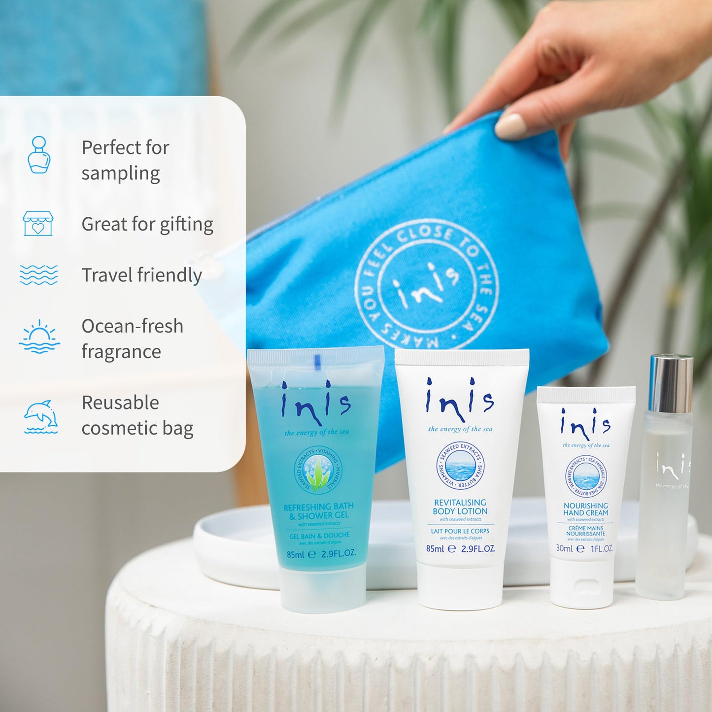 Inis the Energy of the Sea - Voyager Gift Set for Women and Men, Travel Size Toiletries with Mini Cologne, Bath and Shower Gel, Body Lotion and Hand Cream, Clean Ocean Fresh Unisex Fragrance