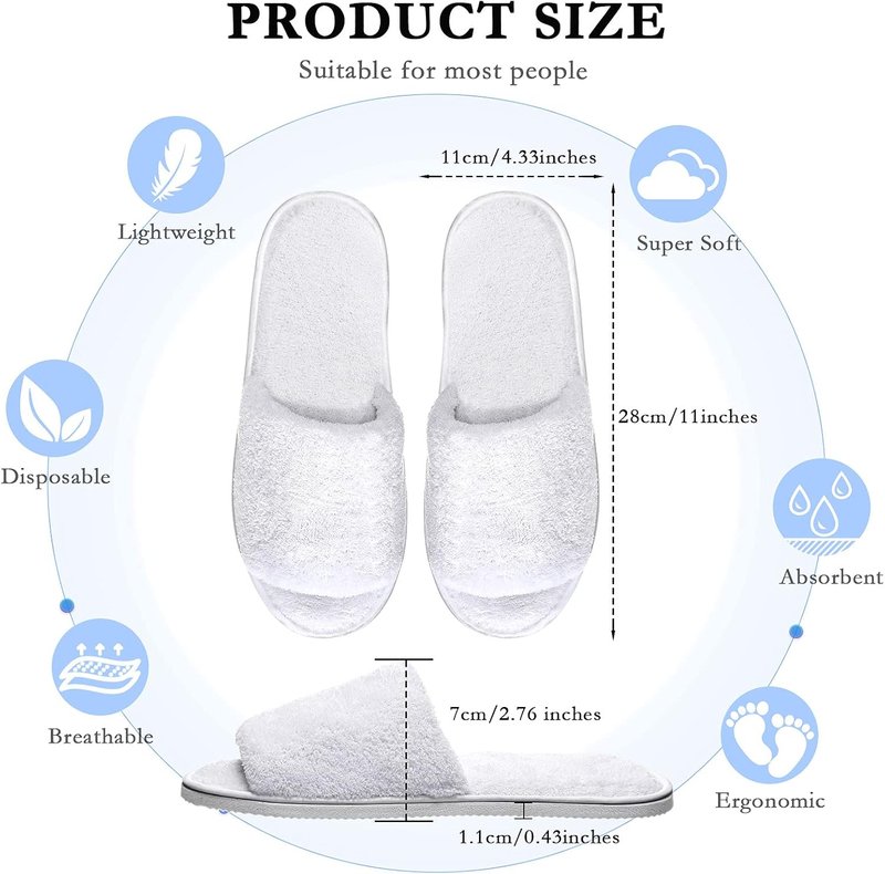 Disposable Velvet Open Toe Spa Slippers - 8 Pairs Non-Slip Travel Footwear | White, Medium
