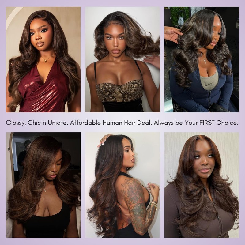 AUROO 12A Brown Body Wave Bundles Human Hair, 100% Virgin Brazilian Real Hair Wavy Weave Color #F2/4 Rich Dark Brown with Chestnut Ombre Highlights Human Hair Single Bundles Thick Track Sew in 14 Inch