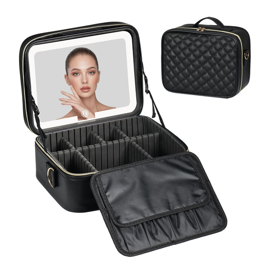 Makeup Case with LED Light Mirror, Professional Portable Travel Cosmetic Organizer Bah with Adjustable Dividers, USB Charging, Large Capacity, Ideal for Travel, Gift for Women Girls, Black