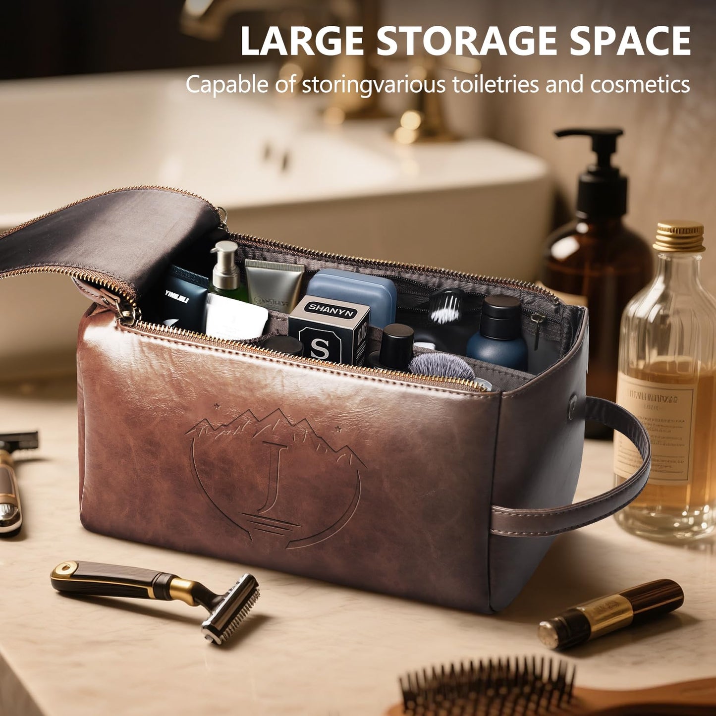 BagUrshion Personalized Toiletry Bag for Men,Initial Mens Toiletry Bags for Traveling,Men Travel Toiletries Bag,PU Leather Shaving Bag for Toiletries Accessories kit,Dark Brown J