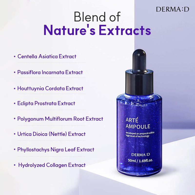 DERMA:D Calming Face Serum for Sensitive Skin, Korean Azulene Ampoule with Vitamin C, Soothing Hydration for Redness & Dry Skin, Lightweight Moisture Care 1.69 fl oz