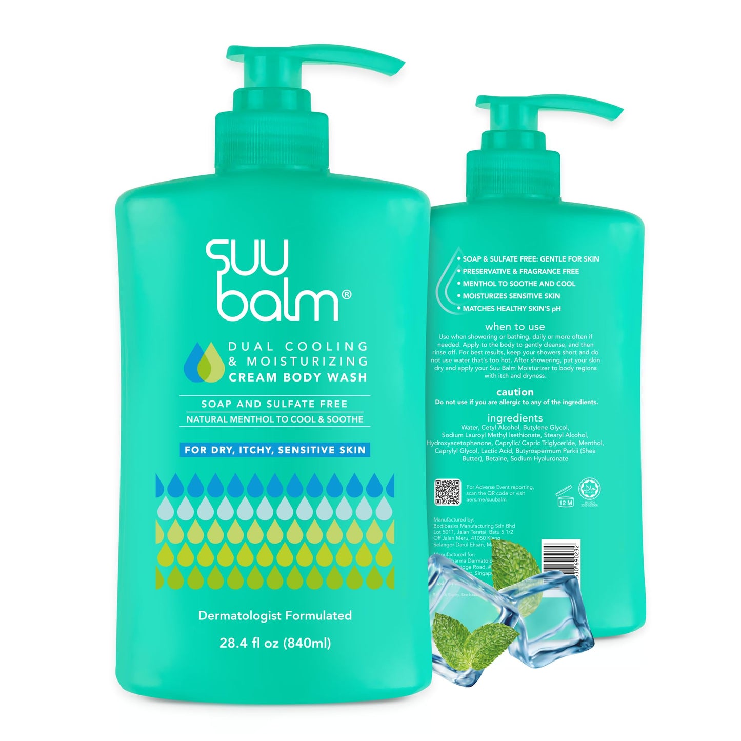 Suu Balm Anti Itch, Psoriasis, Eczema Body Wash for Adults, Moisturising Cleanser for Dry Itchy Relief, For Sensitive Skin, Cooling Menthol, Sulfate Free, 28.4 fl oz