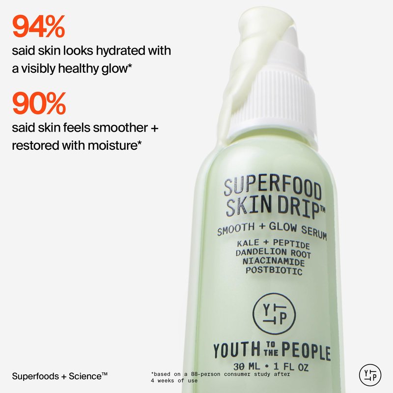 Youth To The People Superfood Skin Drip Glow Barrier Serum - Peptides + Niacinamide, Strengthens Skin Barrier, Evens Tone, Smooths Texture, Dewy Finish Makeup Primer, for All Textures, Vegan - 1 floz