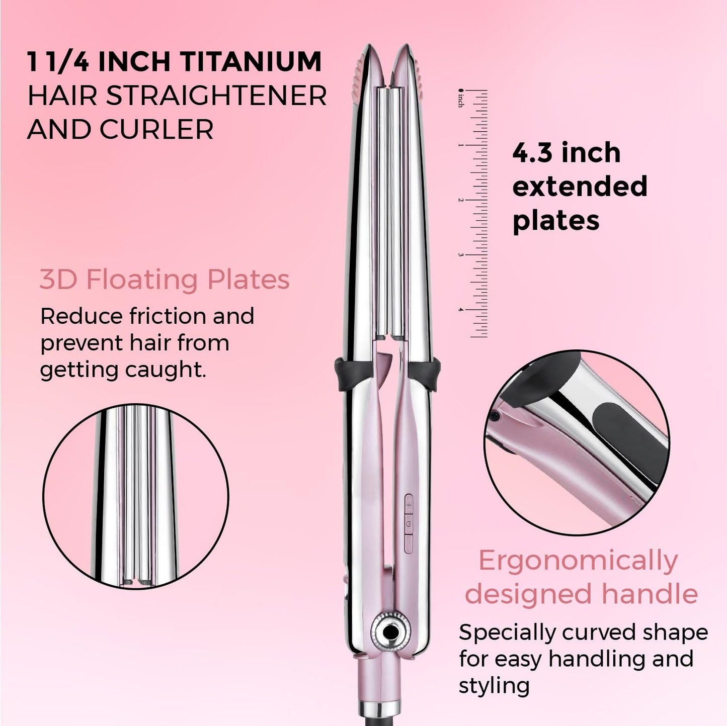 Rozamor Professional Titanium Flat Iron with 1 1/4 Inch Floating Plates, Hair Straightener and Curler 2 in 1 with 10 Adjustable Temp Up to 480 ℉, Negative Ion & Dual Voltage Fast Heating Hair Tools