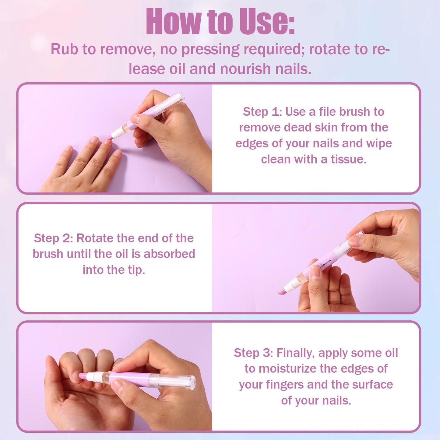 3-in-1 Cuticle Oil Pen, Portable Sassy Cuticle Oil Pusher Pen with Ceramic Tip Remover Cleaner Supplies for Dry Cracked Cuticles Hangnail Moisturize Brighten Nails Care (Purple)