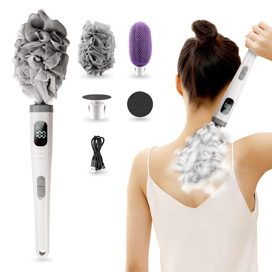 Electric Back Scrubber for Shower Waterproof Exfoliating Body Scrubber with 3 Replacement Heads & 2 Speed Modes for Skin Cleansing Massage Exfoliating Foot Callus Remover
