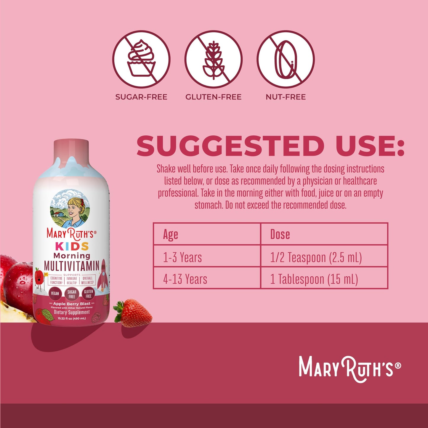 MARYRUTH'S Liquid Morning Multivitamin for Kids | Kids Multivitamin | Immune Support Supplement | Vitamin C | Vitamin D | Essential Nutrients | Vegan | 30-180 Servings | 15.22 fl oz
