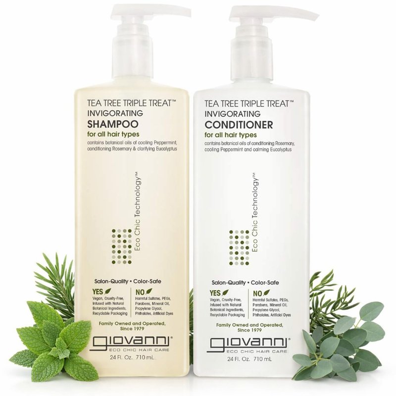 GIOVANNI Tea Tree Triple Treat Invigorating Shampoo & Conditioner Set - Cooling Peppermint, Eucalyptus, Rosemary, Helps Dry, Flaky Scalp, Salon Quality, Vegan, Cruelty Free, Paraben Free - 24 oz Each
