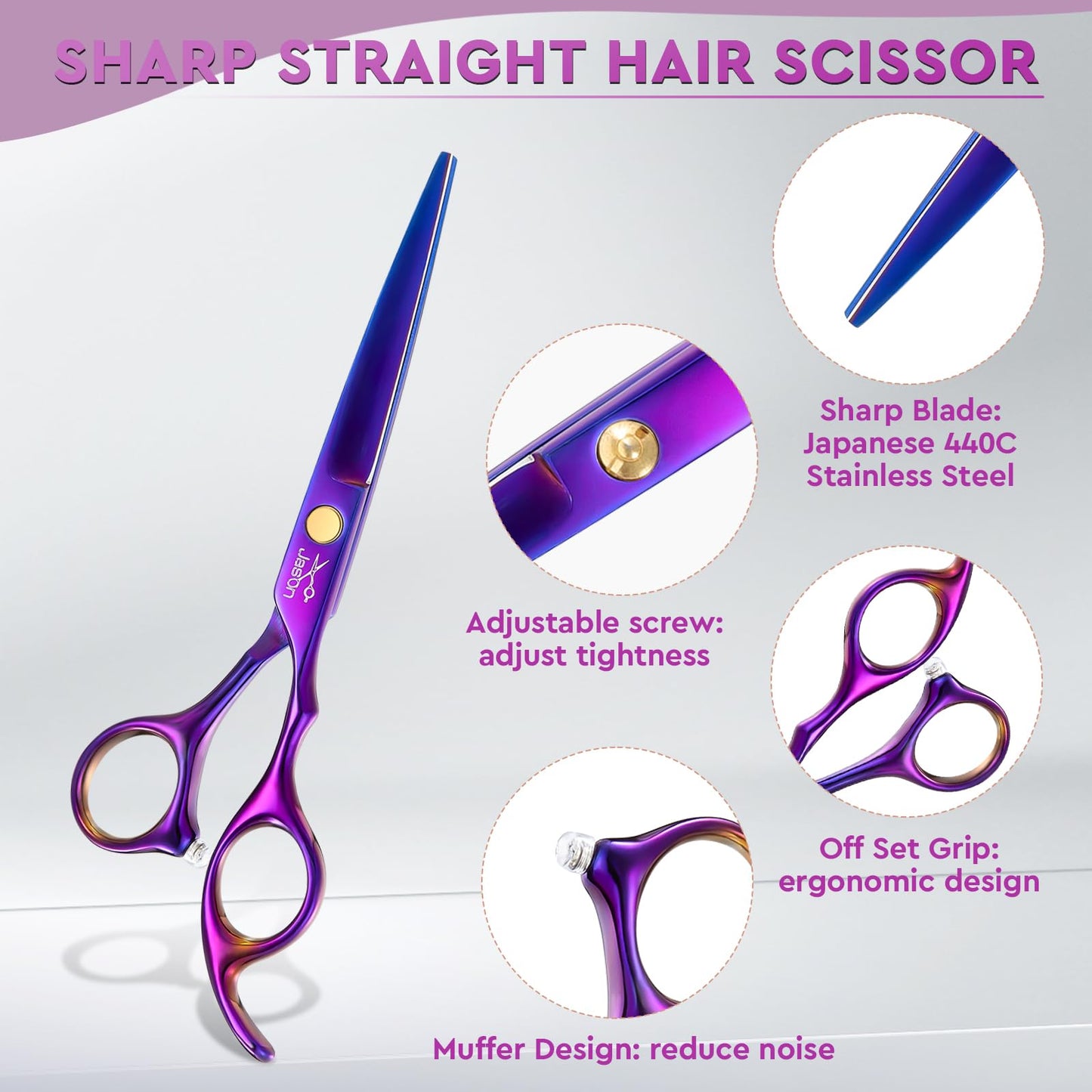 JASON Hair Cutting Scissors Professional - 10 PCS Haircut Scissors Set, Thinning Shears for Hair Cutting with 30 Teeth, Straight Shears for Men Women Home Salon Barber Purple