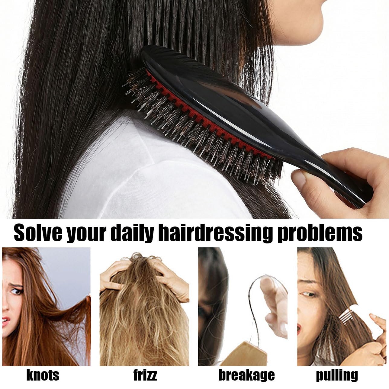 Boar Bristle Hair Brush Paddle Detangling Brush for Women and Men, Anti-frizz Styling Hairbrush Comb for Fine Curly Natural Tangled Hair, Cushioned Boar Nylon Bristle Brush