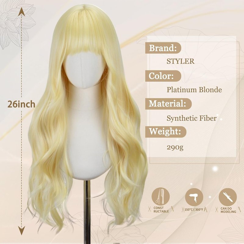 Blonde Wig with Bangs for Women - 26 Inch Long Wavy Synthetic Heat Resistant Hair | Natural Look for Daily Use & Cosplay