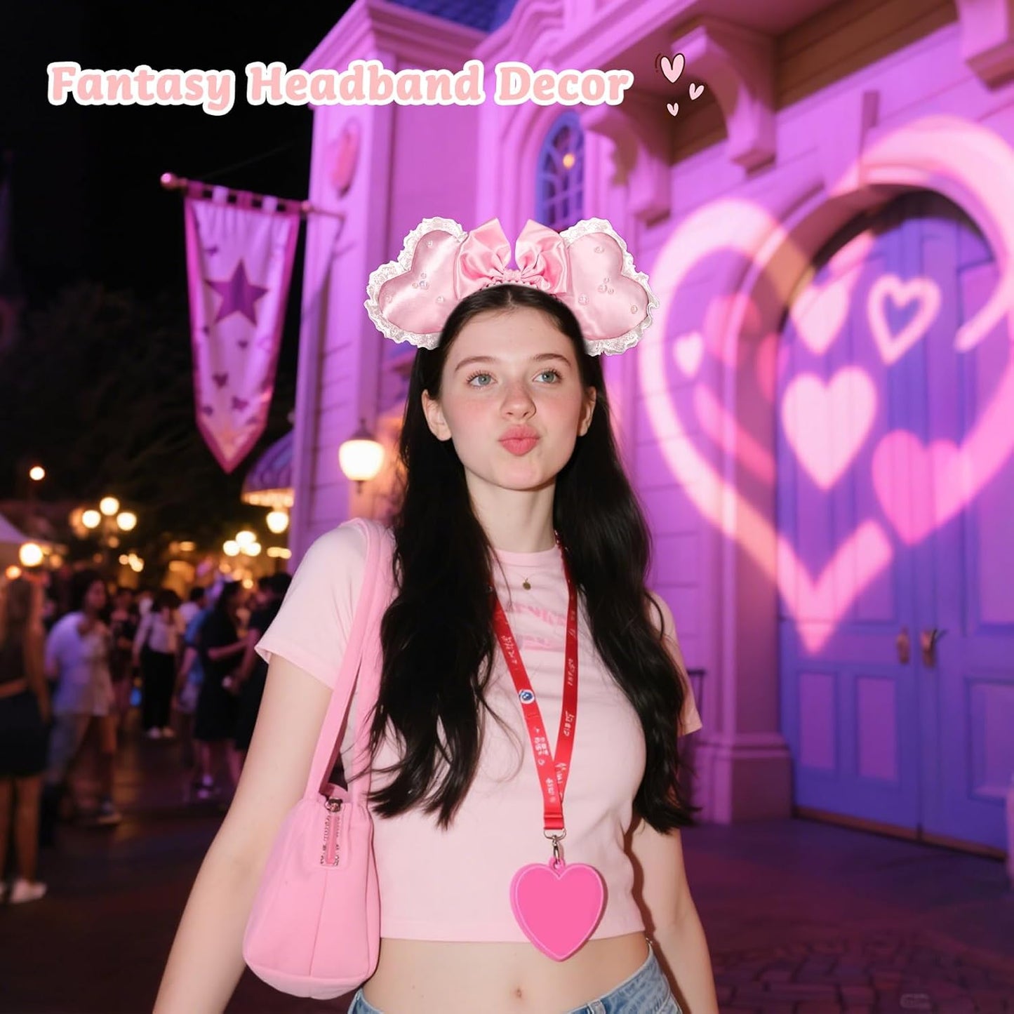 Pink Heart Coquette Headband - 3D Sweetheart Design with Pearl Lace Decor | Perfect for Valentine's Day Parties