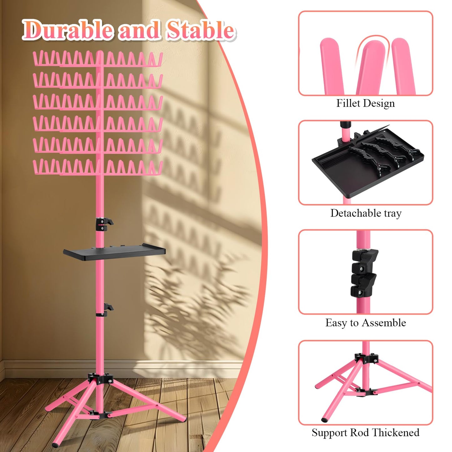 OLMRJKD Braiding Hair Rack with Tray, 144 Pegs Height Adjustable Braiding Rack, 2-side Hair Extension Holder Hanger, Hair Stand with Stylist Hair Braiding Tools for Hair Salon Home Traveling (Pink)