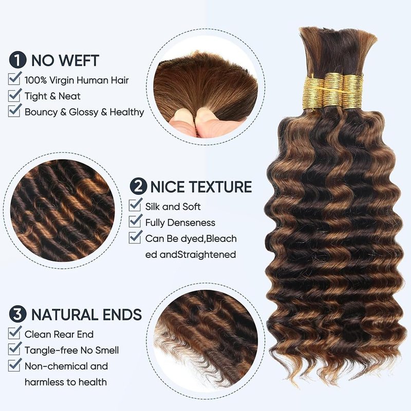Human Braiding Hair Deep Wave Bulk - Highlight No Weft Curly Extensions | 16 Inch, 150g (3 Bundles)