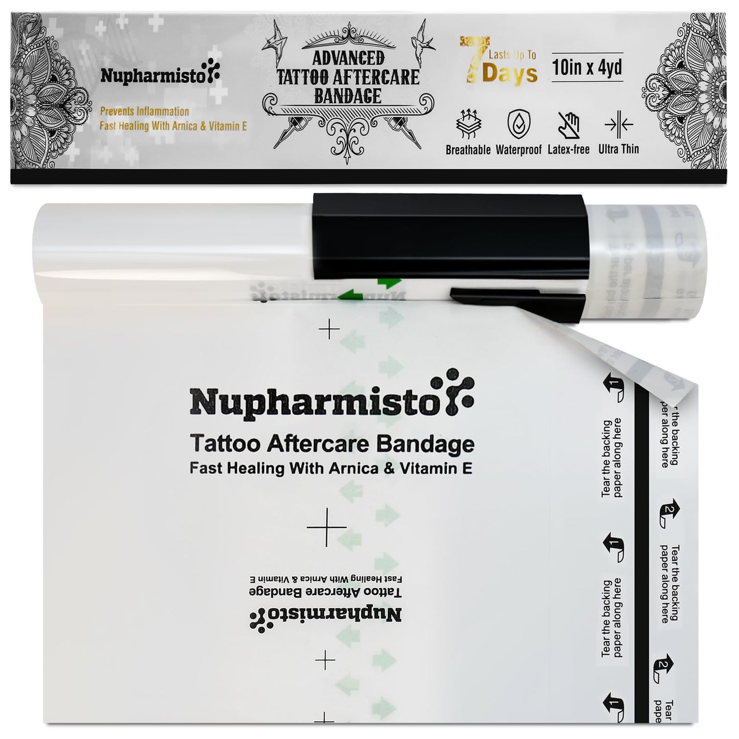 Tattoo Aftercare Bandage For Skin Waterproof: 10 in x 4yd Second Skin Cover Fast Healing With Arnica & Vitamin E - Sterile Aftercare Wrap For New Tattoo For Swimming Shower For Man Women (10 in x 4yd)