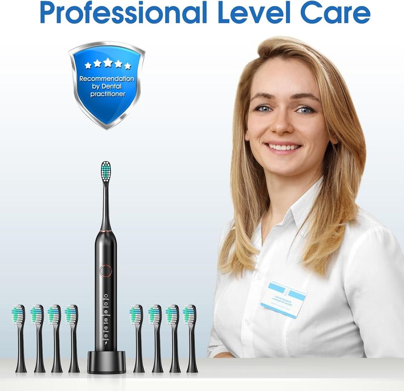 Sonic Electric Toothbrush for Adults & Teens - 8 Brush Heads, IPX7 Waterproof, 6 Modes | Black