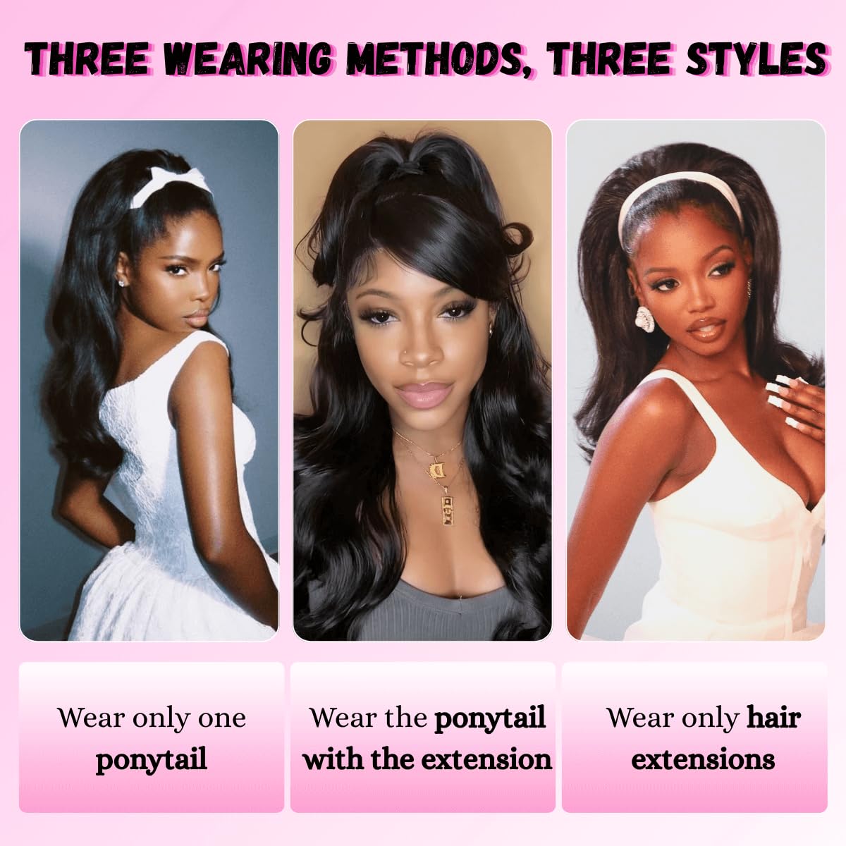 VAVANGA 6PCS Half Up Half Down Ponytail Set, 3 in 1 Kinky Straight Clip in Wrap Ponytail Hairpiece Black 16inch Long Thick Yaki Pony Tail with Clip in Hair Pieces for Women - #1B, 16"