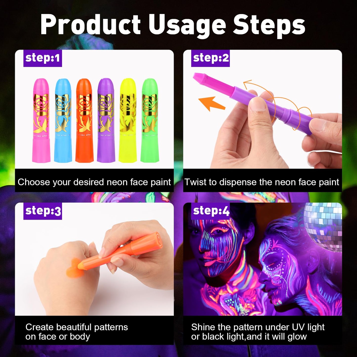 15PCS Glow Body & Face Paint,Glow in The Under UV Light or Black Light,Makeup Face Paint for Kids and Adults Halloween Club Birthday Party Masquerade,Neon Glow Party Supplies