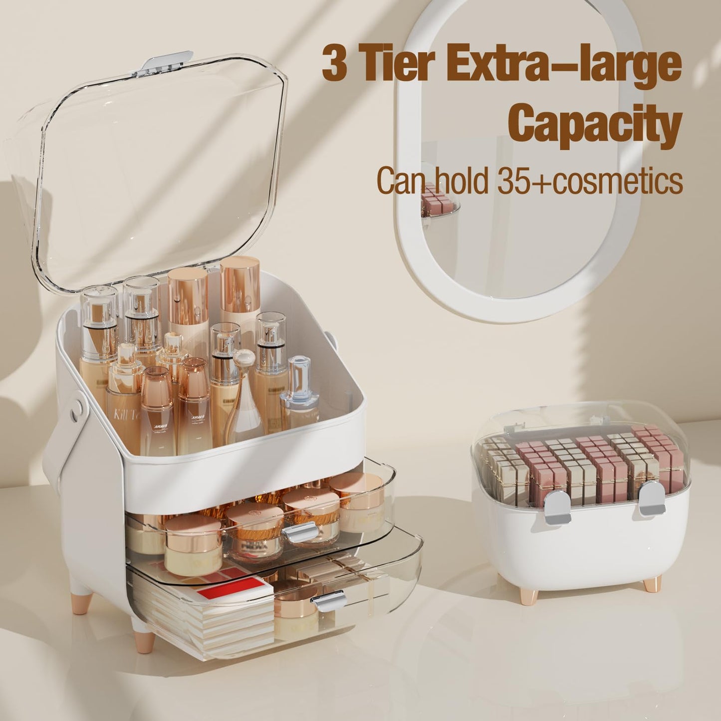 CLBDRESS Makeup Organizer for Vanity with perfume Storage Box, Countertop Skincare Organizer with 2 Drawers, Cosmetic Display Case for Perfumes, Eyeshadow Palettes, Nail Polishes, Rose Gold