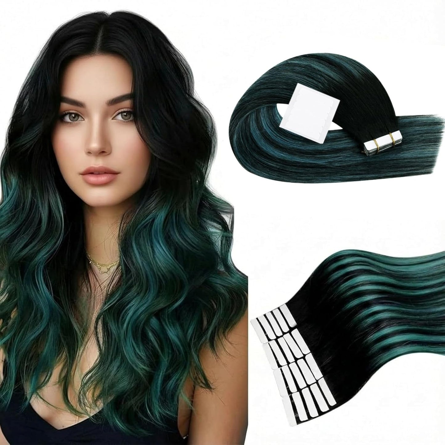 Ombre Tape-In Hair Extensions | 14-Inch Human Hair, Natural Black to Teal & Blue | Remy Soft, Straight, 20 Pcs