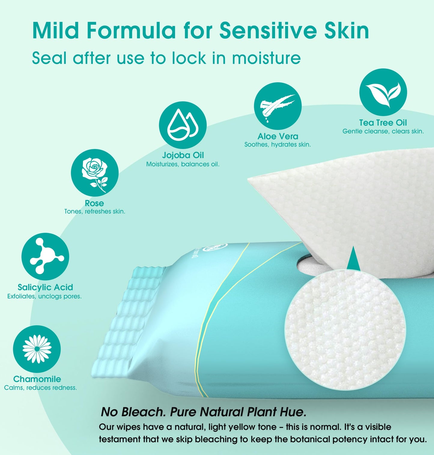 Facial Cleansing Wipes, Tea Tree Oil Extract for Face Cleansing, Salicylic Acid for Acne Treatment, Hydrating Pore Care for Sensitive Skin, Exfoliating & Soothing Double-Sided Cleansing Wipes (28PCS)