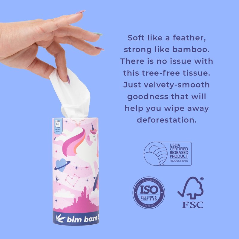 Bim Bam Boo 100% Bamboo Facial Tissue Tubes, 3-ply Hypoallergenic Travel Tissues in Car Tissue Holder, 8 Eco-Friendly Cylinder Tissue Tubes